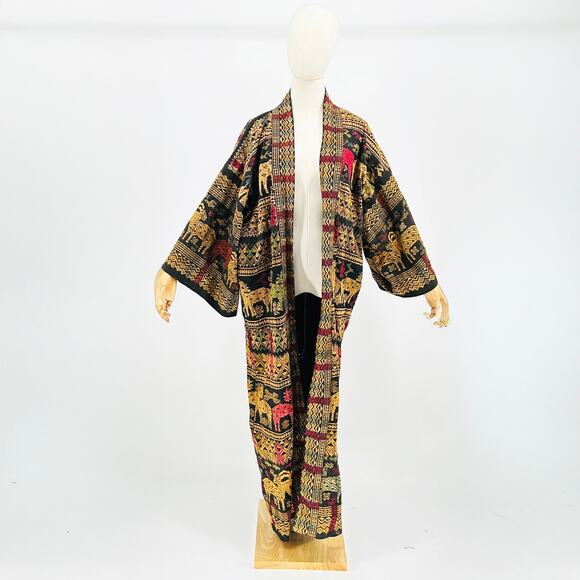 Vintage Handmade Black Multi Animal Embroidered Thai Artistry Maxi Robe